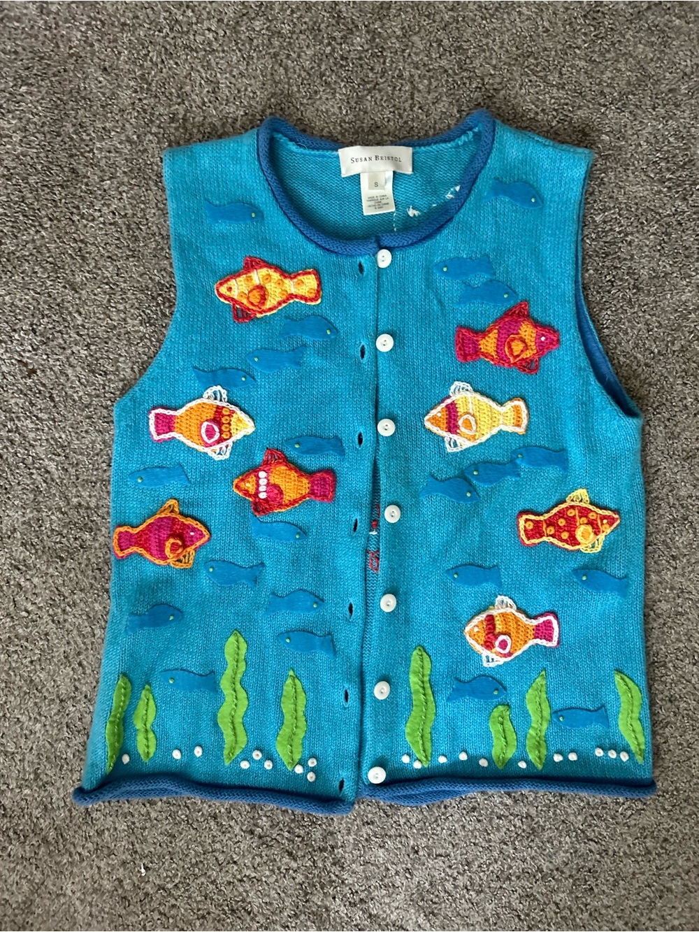 Susan Bristol blue fish knit vest with embroidered fish and seaweed, size S